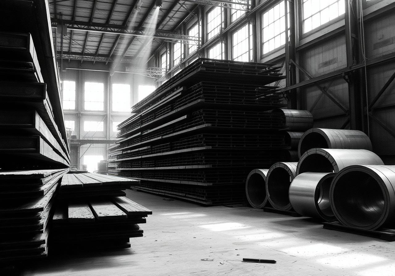 Stacked steel and aluminum stock in an industrial warehouse
